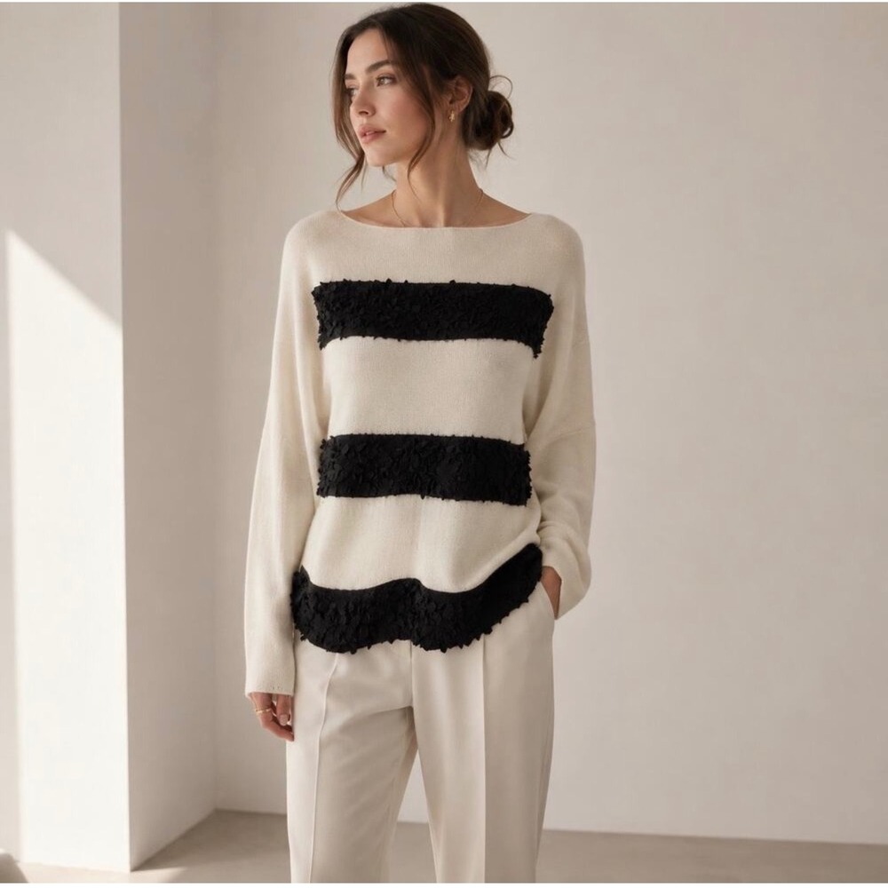 Tory Burch Women Striped Bateau Neckline 3D Silk Floral Applique Cotton Sweater